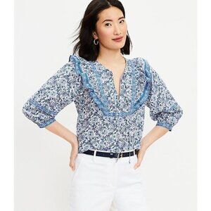 ANN TAYLOR LOFT Ruffle Bib Tie Neck Blouse Top Shirt Blue‎ White Floral Medium